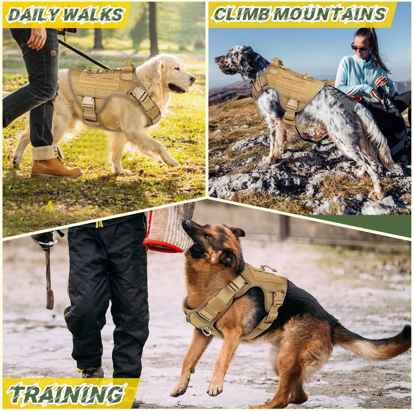 Tactical Dog Harness No-pull, adjustable, with handle, Molle & loop panels, Khaki, Medium.