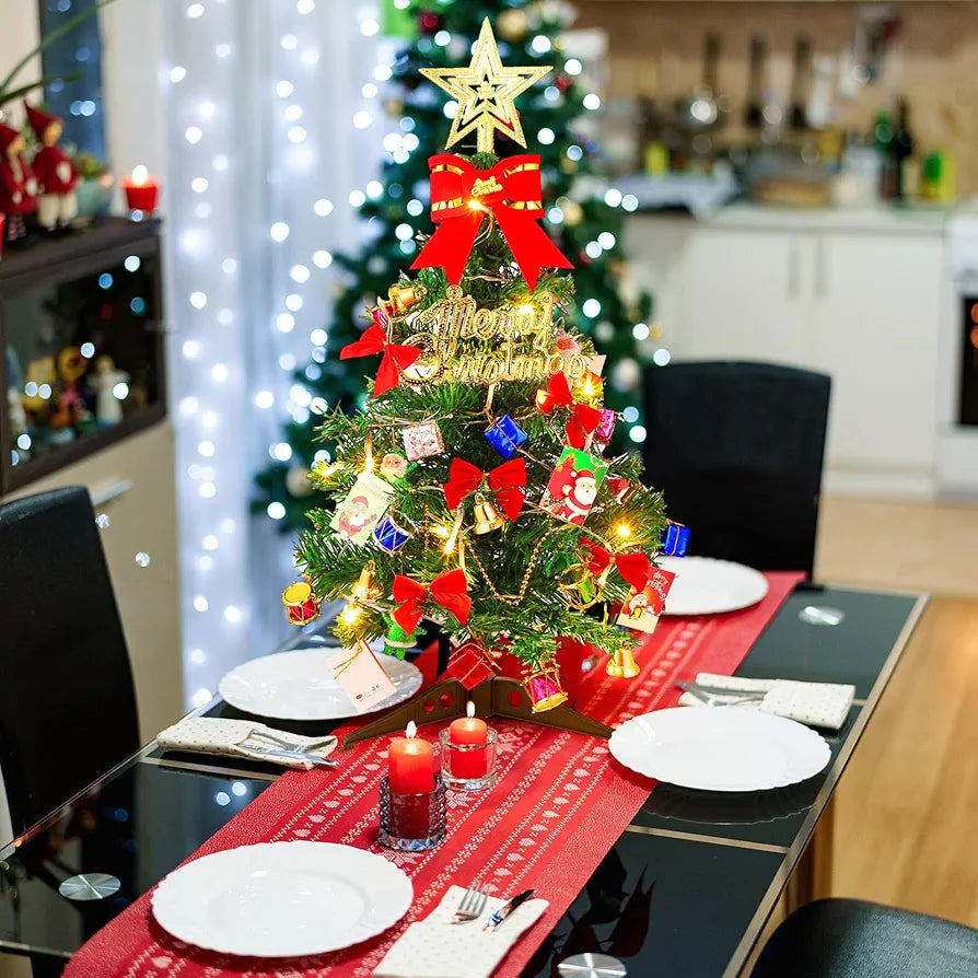 Hiboom 2 Pcs 24 Inches Mini Christmas Tree with LED Lights Tabletop Prelit Star Treetopper Small Christmas Tree Decorated Gift Boxes Hanging Ornaments for Xmas Winter Holiday DIY Decorations