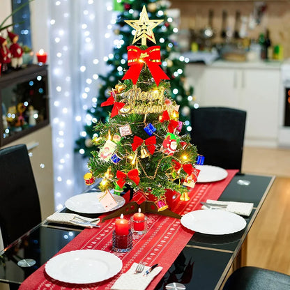 Hiboom 2 Pcs 24 Inches Mini Christmas Tree with LED Lights Tabletop Prelit Star Treetopper Small Christmas Tree Decorated Gift Boxes Hanging Ornaments for Xmas Winter Holiday DIY Decorations