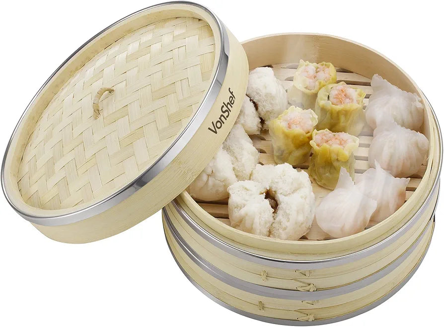 VonShef Premium 2 Tier Bamboo Steamer with Stainless Steel Banding Includes 2 Pairs of Chopsticks and 50 Wax Steamer Liners, Perfect For Steaming Dim Sum Dumplings Buns Vegetables Fish Rice, 10 Inches