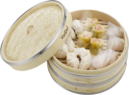 VonShef Premium 2 Tier Bamboo Steamer with Stainless Steel Banding Includes 2 Pairs of Chopsticks and 50 Wax Steamer Liners, Perfect For Steaming Dim Sum Dumplings Buns Vegetables Fish Rice, 10 Inches