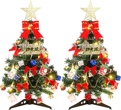 Hiboom 2 Pcs 24 Inches Mini Christmas Tree with LED Lights Tabletop Prelit Star Treetopper Small Christmas Tree Decorated Gift Boxes Hanging Ornaments for Xmas Winter Holiday DIY Decorations