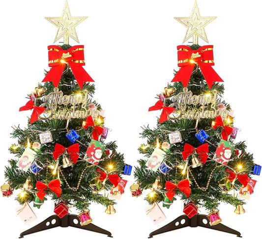 Hiboom 2 Pcs 24 Inches Mini Christmas Tree with LED Lights Tabletop Prelit Star Treetopper Small Christmas Tree Decorated Gift Boxes Hanging Ornaments for Xmas Winter Holiday DIY Decorations