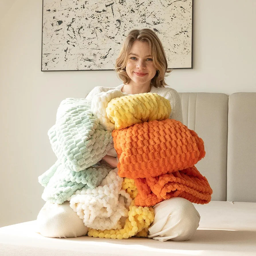 Super Soft Fleece Twin Blanket 50x70 Inches for Couch, Premium Silky with 3D Imitation Turtle Shell Jacquard Decorative Blankets, Lightweight and Cozy for Sofa.Yellow