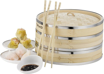 VonShef Premium 2 Tier Bamboo Steamer with Stainless Steel Banding Includes 2 Pairs of Chopsticks and 50 Wax Steamer Liners, Perfect For Steaming Dim Sum Dumplings Buns Vegetables Fish Rice, 10 Inches
