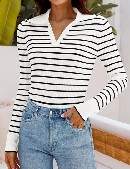 ZESICA Women's Long Sleeve V Neck Knit Tops Spring Striped Sweater Slim Fit Casual Basic Tee Tops