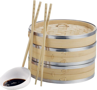 VonShef Premium 2 Tier Bamboo Steamer with Stainless Steel Banding Includes 2 Pairs of Chopsticks and 50 Wax Steamer Liners, Perfect For Steaming Dim Sum Dumplings Buns Vegetables Fish Rice, 10 Inches