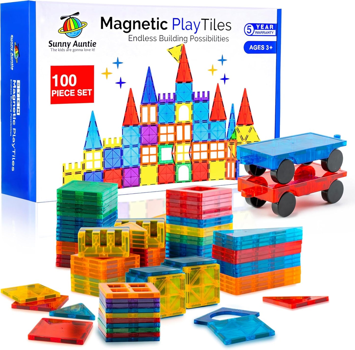 Magnetic Tiles 100 PCS with 2 Cars, Magnetic Tiles for Kids & Toddlers