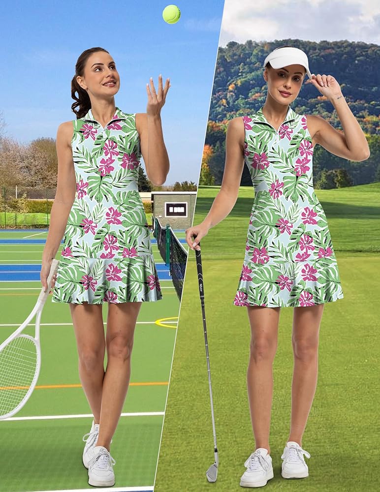 Tennis Dress for Women Athletic Golf Dress with Built in Separate Shorts Backless Workout Dress with Adjustable Straps Red Flowers
