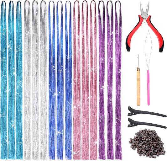 Goabroa Hair Tinsel Kit with Tools, 47 Inches 5 Colors 2550 Strands Heat Resistant Glitter Hair Extensions, Sparkling Shiny Fairy Hair Tinsel 