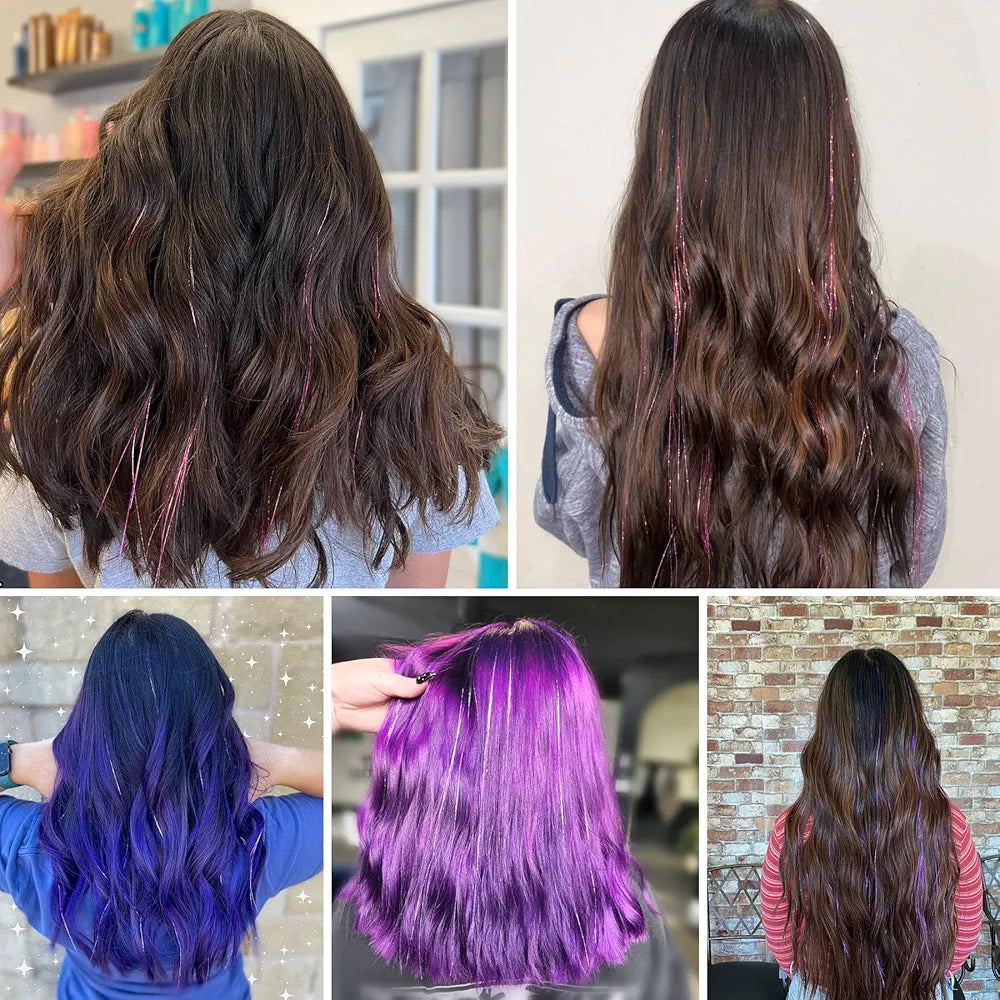 Goabroa Hair Tinsel Kit with Tools, 47 Inches 5 Colors 2550 Strands Heat Resistant Glitter Hair Extensions, Sparkling Shiny Fairy Hair Tinsel 