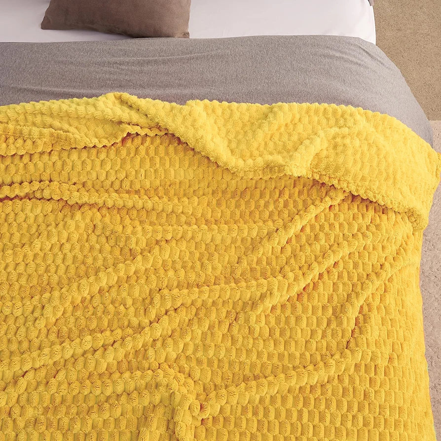 Super Soft Fleece Twin Blanket 50x70 Inches for Couch, Premium Silky with 3D Imitation Turtle Shell Jacquard Decorative Blankets, Lightweight and Cozy for Sofa.Yellow