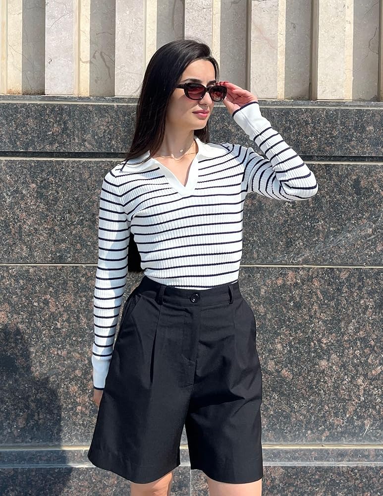 ZESICA Women's Long Sleeve V Neck Knit Tops Spring Striped Sweater Slim Fit Casual Basic Tee Tops