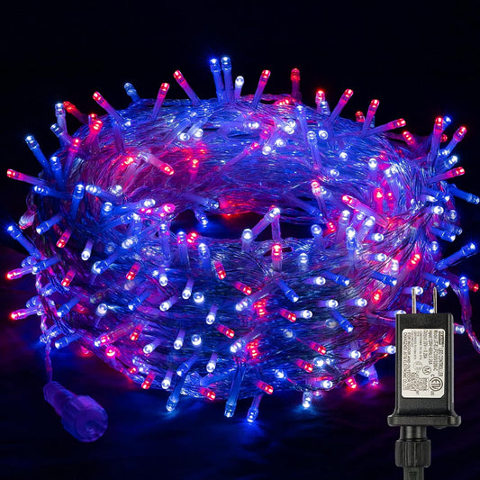 String Lights 300 LED 100 FT, Waterproof, 8 Modes, Blue/Red/White, for Indoor/Outdoor Decor