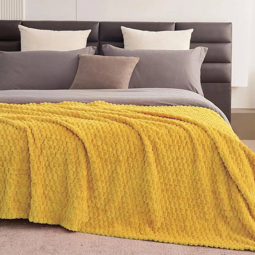 Super Soft Fleece Twin Blanket 50x70 Inches for Couch, Premium Silky with 3D Imitation Turtle Shell Jacquard Decorative Blankets, Lightweight and Cozy for Sofa.Yellow