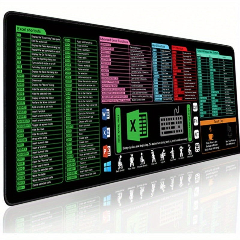 Large Office Shortcut Keys Mouse Pad, Excel Sheet Desk Pad Contains 5 Major Function Modules and Common Functions Mouse Pad, Gaming Desk Mat for Keyboard, Computer Mat with Excel Shortcuts